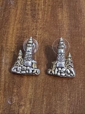 Lighthouse Stud Earrings Silver & Gold Tone Nautical Coastal